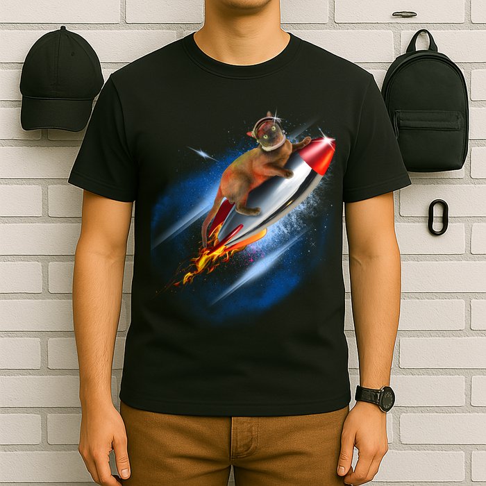 Funny Astronaut Cat Blasting Off In Space T-Shirt