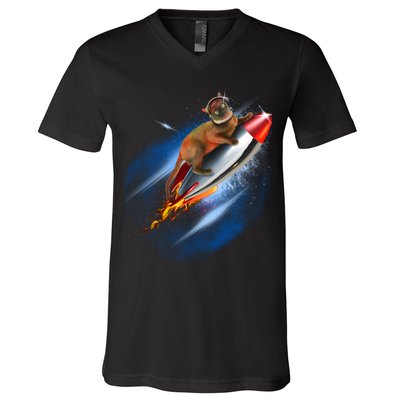 Funny Astronaut Cat Blasting Off In Space V-Neck T-Shirt