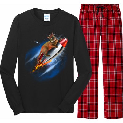 Funny Astronaut Cat Blasting Off In Space Long Sleeve Pajama Set