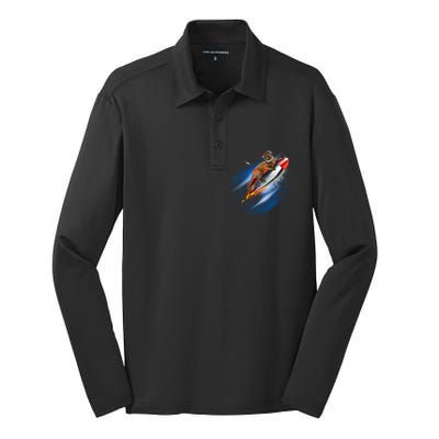 Funny Astronaut Cat Blasting Off In Space Silk Touch Performance Long Sleeve Polo