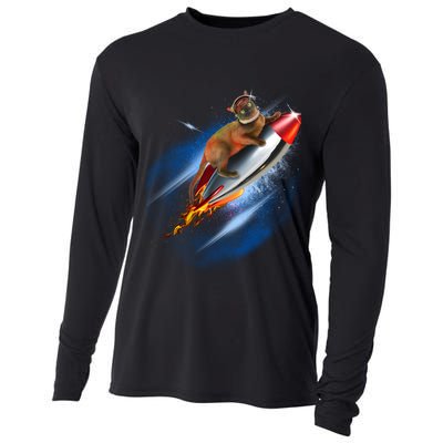 Funny Astronaut Cat Blasting Off In Space Cooling Performance Long Sleeve Crew