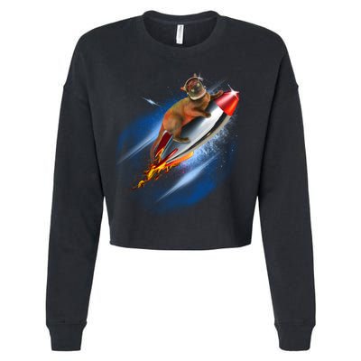 Funny Astronaut Cat Blasting Off In Space Cropped Pullover Crew