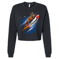 Funny Astronaut Cat Blasting Off In Space Cropped Pullover Crew
