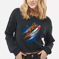 Funny Astronaut Cat Blasting Off In Space Cropped Pullover Crew