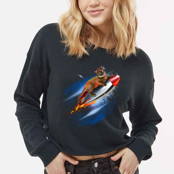 Funny Astronaut Cat Blasting Off In Space Cropped Pullover Crew