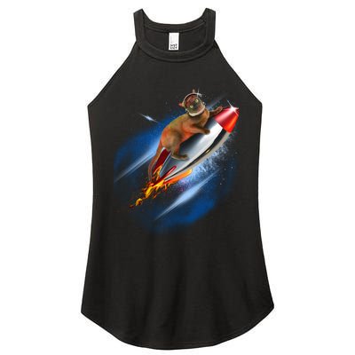 Funny Astronaut Cat Blasting Off In Space Women's Perfect Tri Rocker Tank