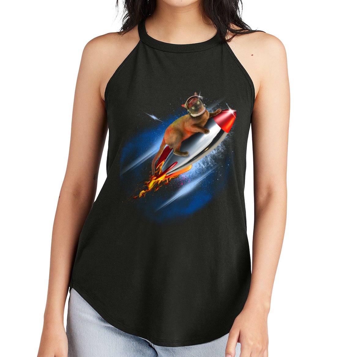Funny Astronaut Cat Blasting Off In Space Women's Perfect Tri Rocker Tank