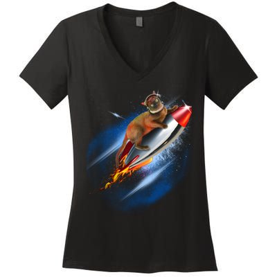 Funny Astronaut Cat Blasting Off In Space Women's V-Neck T-Shirt