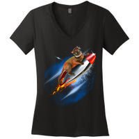 Funny Astronaut Cat Blasting Off In Space Women's V-Neck T-Shirt