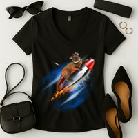 Funny Astronaut Cat Blasting Off In Space Women's V-Neck T-Shirt