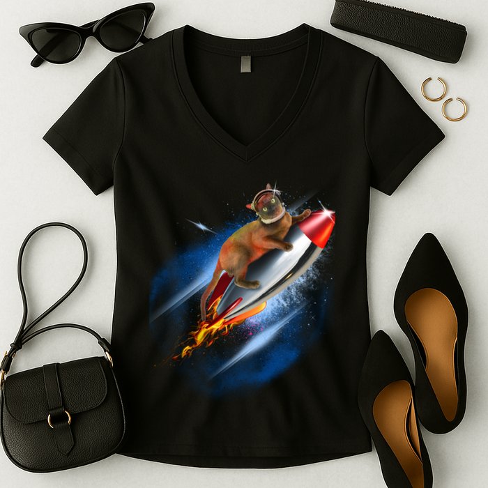 Funny Astronaut Cat Blasting Off In Space Women's V-Neck T-Shirt