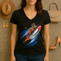 Funny Astronaut Cat Blasting Off In Space Women's V-Neck T-Shirt