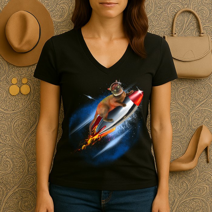 Funny Astronaut Cat Blasting Off In Space Women's V-Neck T-Shirt