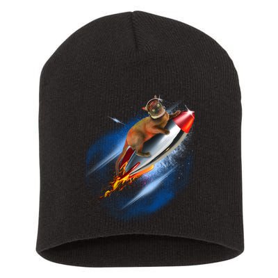 Funny Astronaut Cat Blasting Off In Space Short Acrylic Beanie
