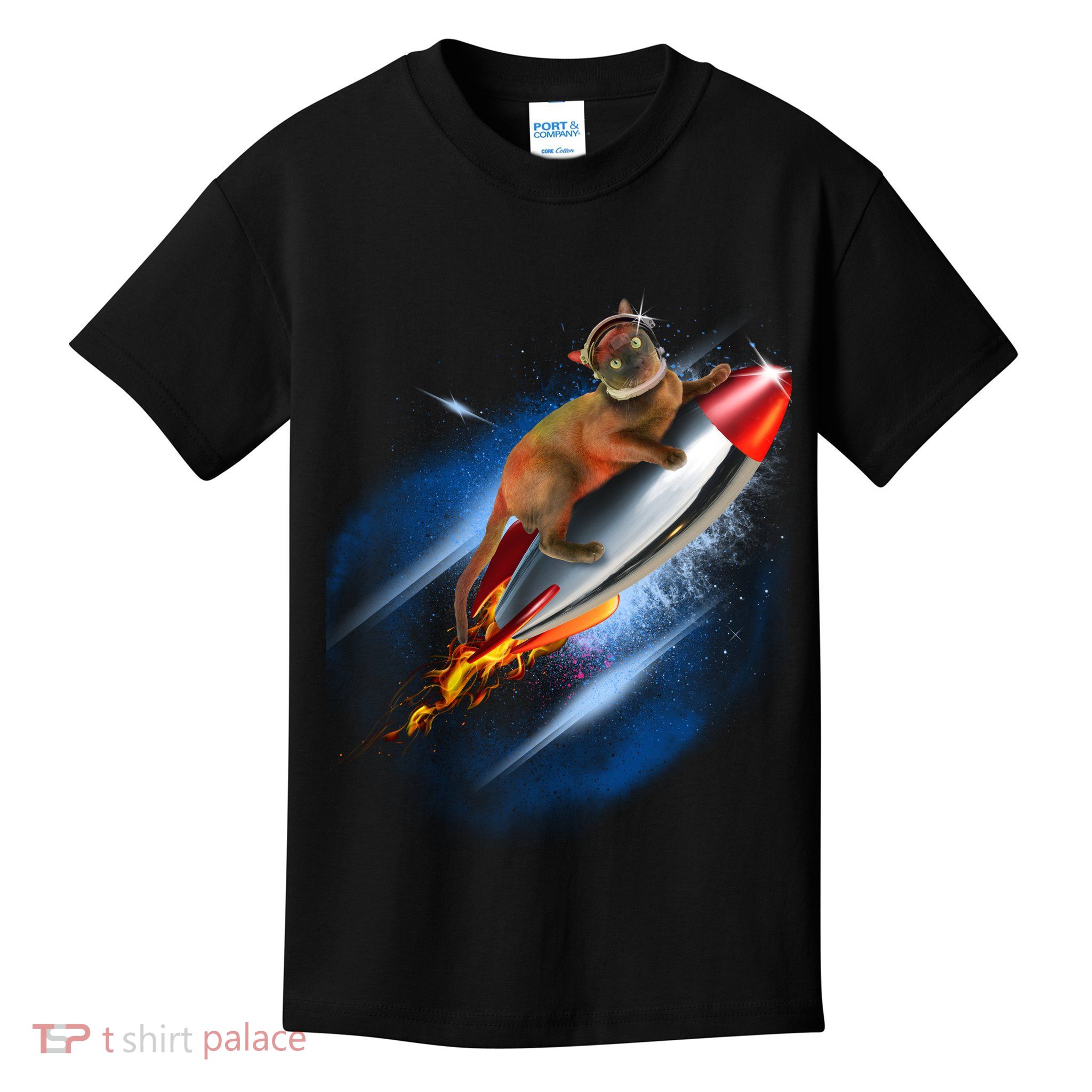 Funny Astronaut Cat Blasting Off In Space Kids T-Shirt
