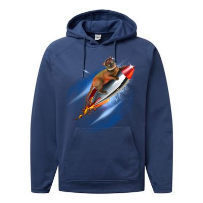 Funny Astronaut Cat Blasting Off In Space Performance Fleece Hoodie