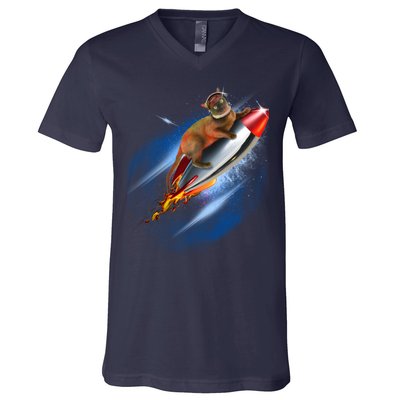 Funny Astronaut Cat Blasting Off In Space V-Neck T-Shirt