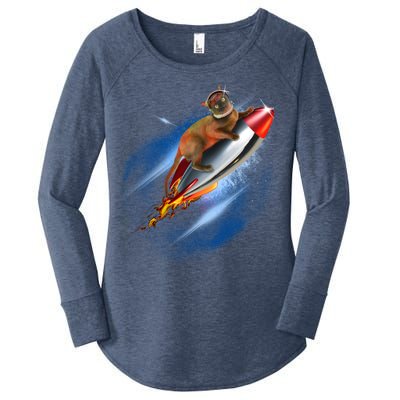 Funny Astronaut Cat Blasting Off In Space Women's Perfect Tri Tunic Long Sleeve Shirt