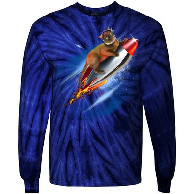 Funny Astronaut Cat Blasting Off In Space Tie-Dye Long Sleeve Shirt