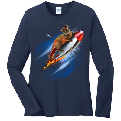 Funny Astronaut Cat Blasting Off In Space Ladies Long Sleeve Shirt