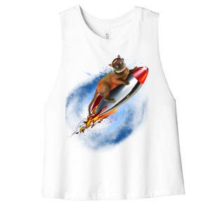 Funny Astronaut Cat Blasting Off In Space Women's Racerback Cropped Tank