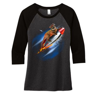 Funny Astronaut Cat Blasting Off In Space Women's Tri-Blend 3/4-Sleeve Raglan Shirt