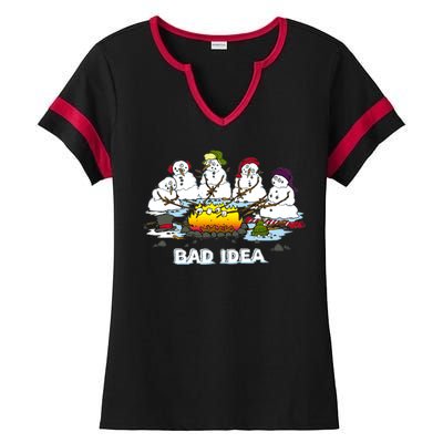 Funny Bad Idea - Snowman Melting Christmas Ladies Halftime Notch Neck Tee