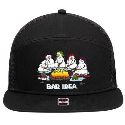 Funny Bad Idea - Snowman Melting Christmas 7 Panel Mesh Trucker Snapback Hat