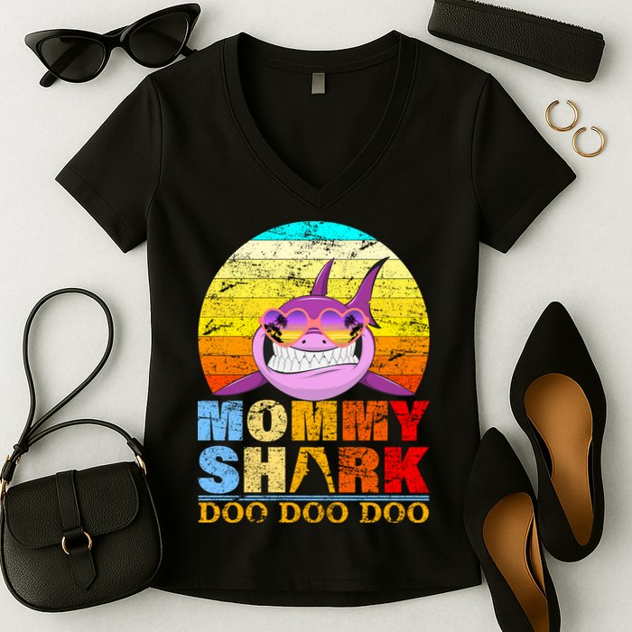 Funny Beach Mommy Shark Doo Women's V-Neck T-Shirt