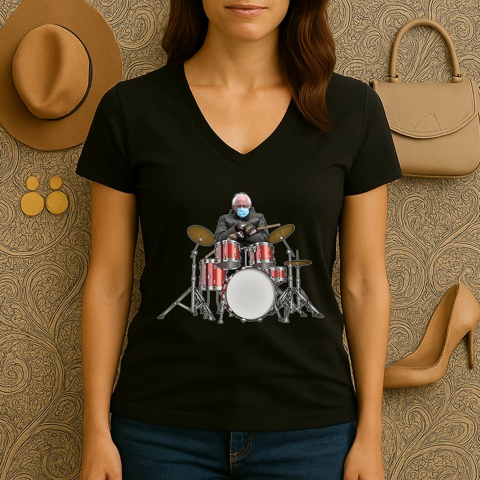 Funny Bernie Sanders Mittens Meme Drummer Women's V-Neck T-Shirt
