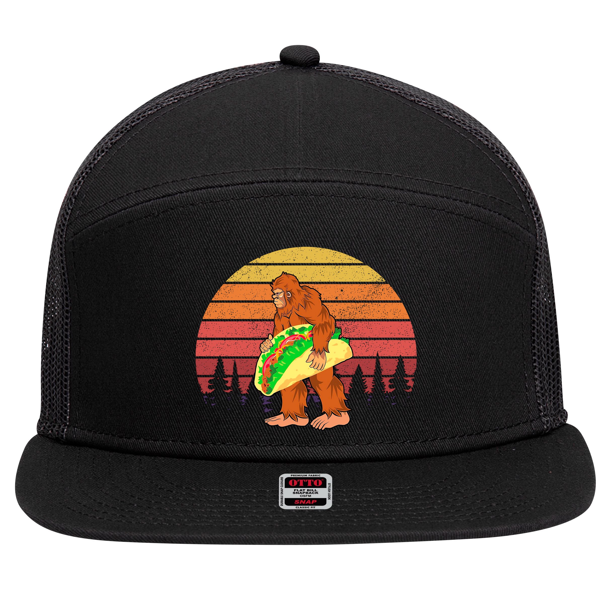 Funny Bigfoot Holding A Taco 7 Panel Mesh Trucker Snapback Hat
