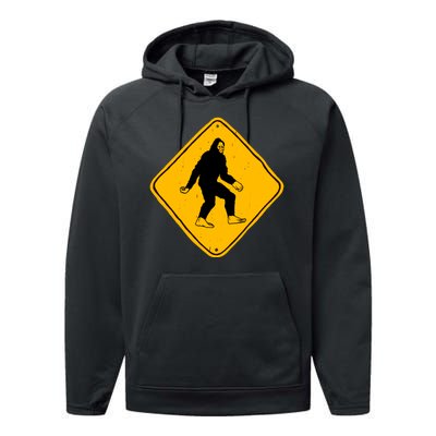 Funny Bigfoot Road Sign Performance Fleece Hoodie