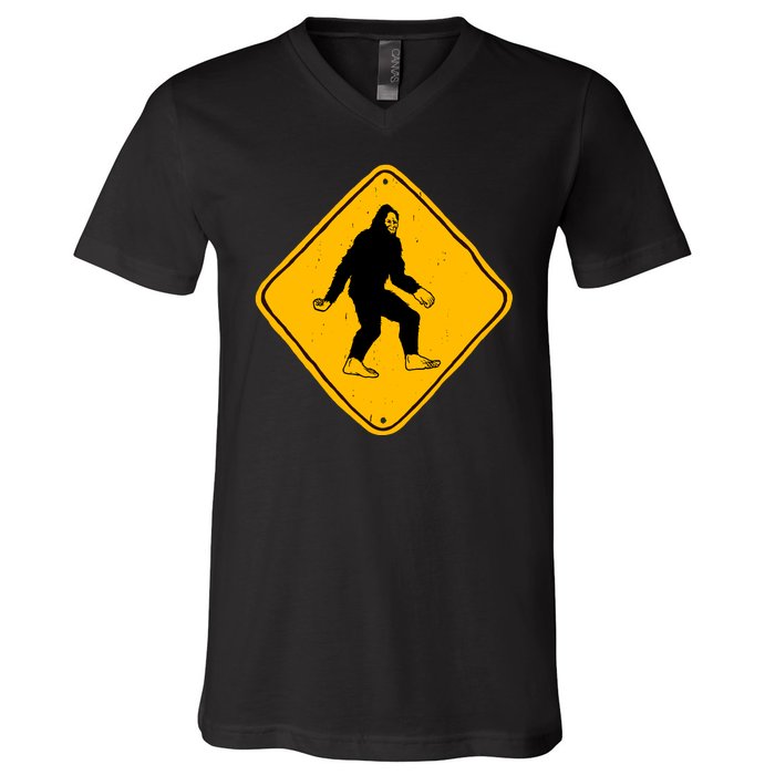 Funny Bigfoot Road Sign V-Neck T-Shirt