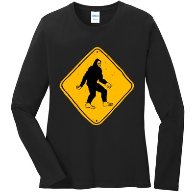 Funny Bigfoot Road Sign Ladies Long Sleeve Shirt