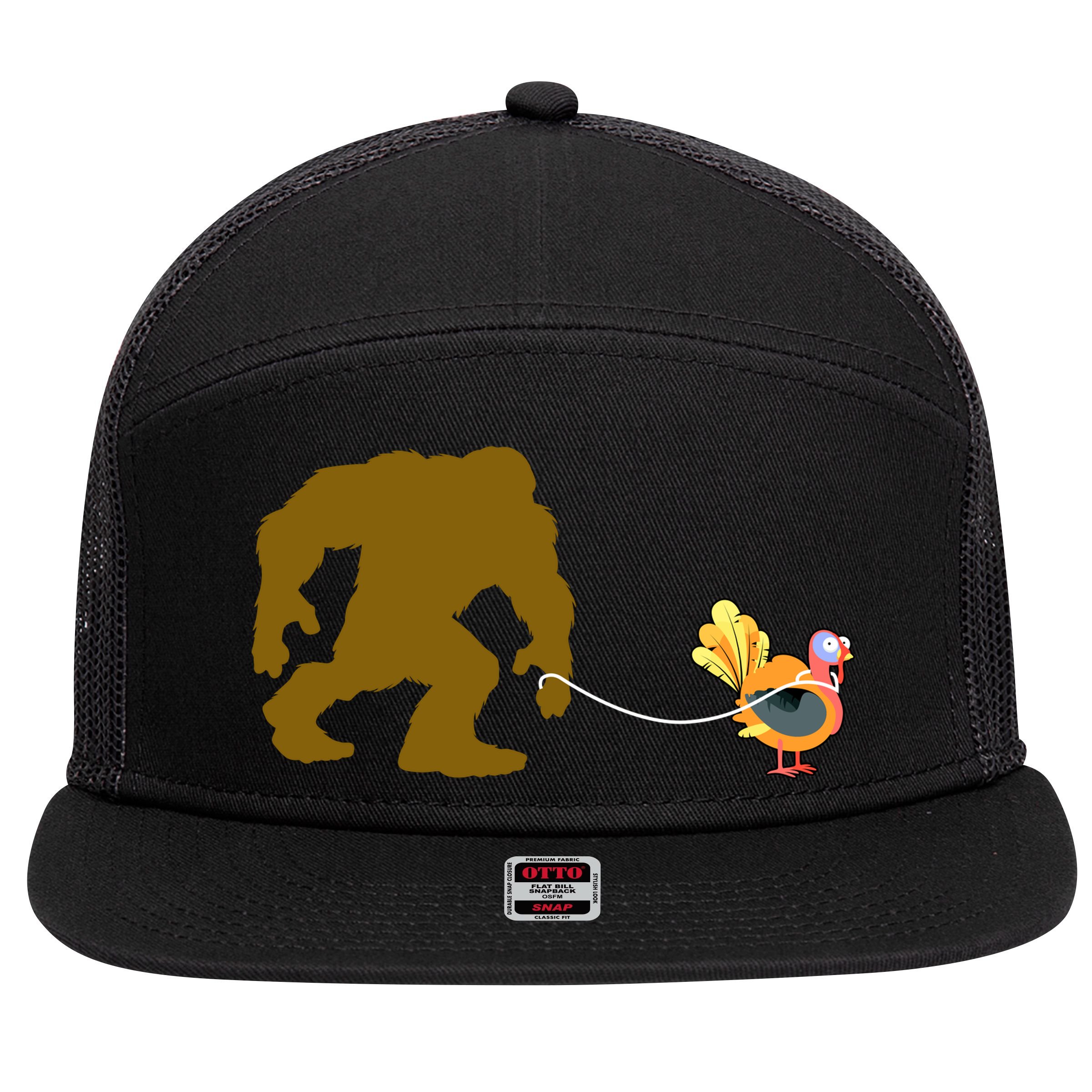 Funny Bigfoot Thanksgiving Turkey 7 Panel Mesh Trucker Snapback Hat