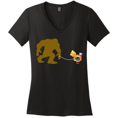 Funny Bigfoot Thanksgiving Turkey Women's V-Neck T-Shirt