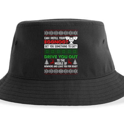 Funny Can I Refill Your Eggnog? Ugly Christmas Sweater Sustainable Bucket Hat
