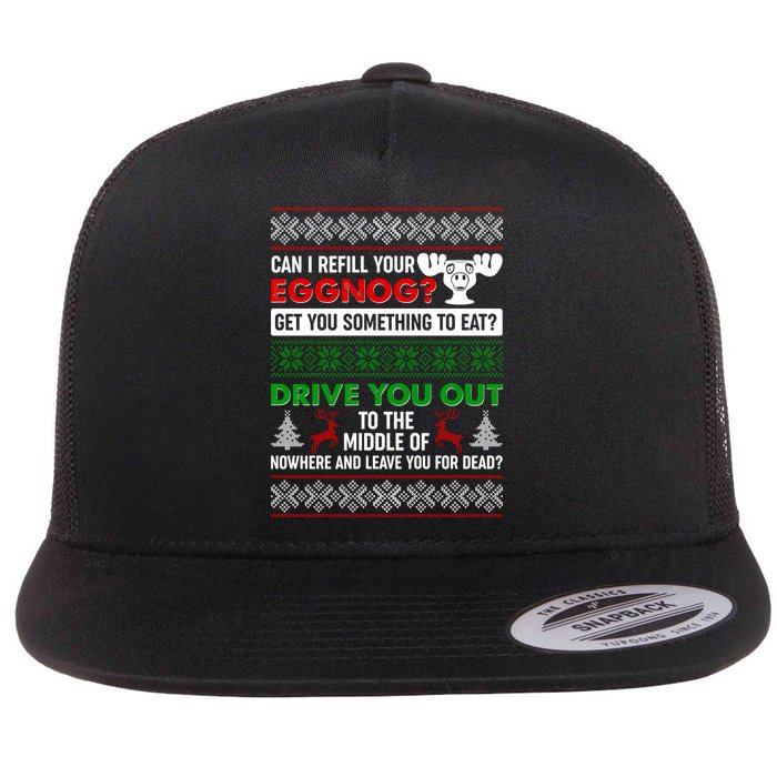 Funny Can I Refill Your Eggnog? Ugly Christmas Sweater Flat Bill Trucker Hat