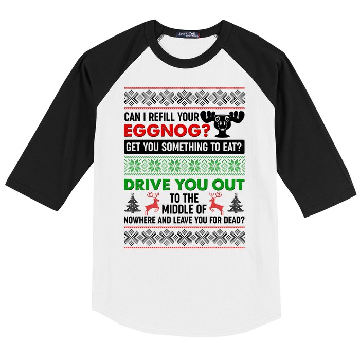 Funny Can I Refill Your Eggnog? Ugly Christmas Sweater Baseball Sleeve Shirt