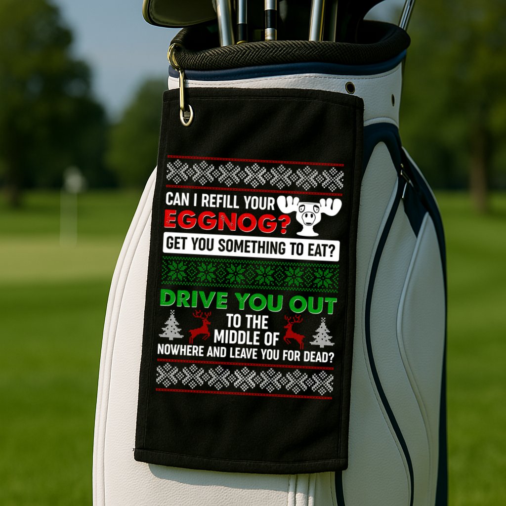 Funny Can I Refill Your Eggnog? Ugly Christmas Sweater Golf Towel