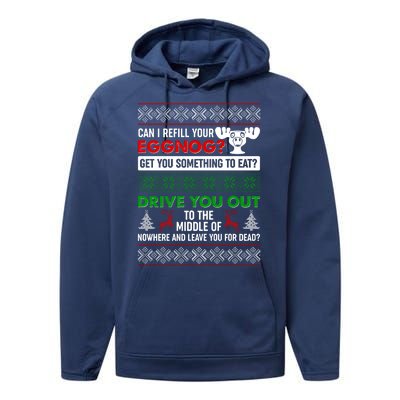 Funny Can I Refill Your Eggnog? Ugly Christmas Sweater Performance Fleece Hoodie