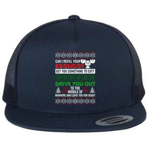 Funny Can I Refill Your Eggnog? Ugly Christmas Sweater Flat Bill Trucker Hat