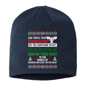 Funny Can I Refill Your Eggnog? Ugly Christmas Sweater Sustainable Beanie