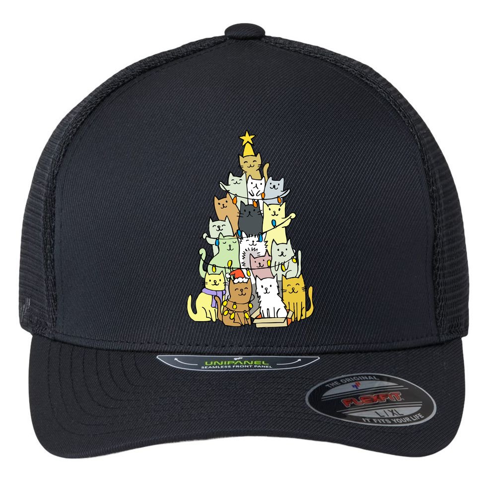 Funny Cat Christmas Tree Flexfit Unipanel Trucker Cap
