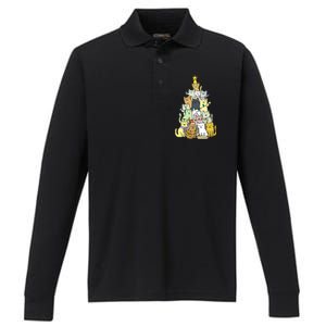 Funny Cat Christmas Tree Performance Long Sleeve Polo