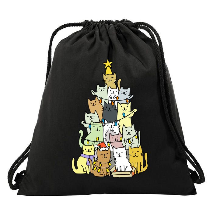 Funny Cat Christmas Tree Drawstring Bag