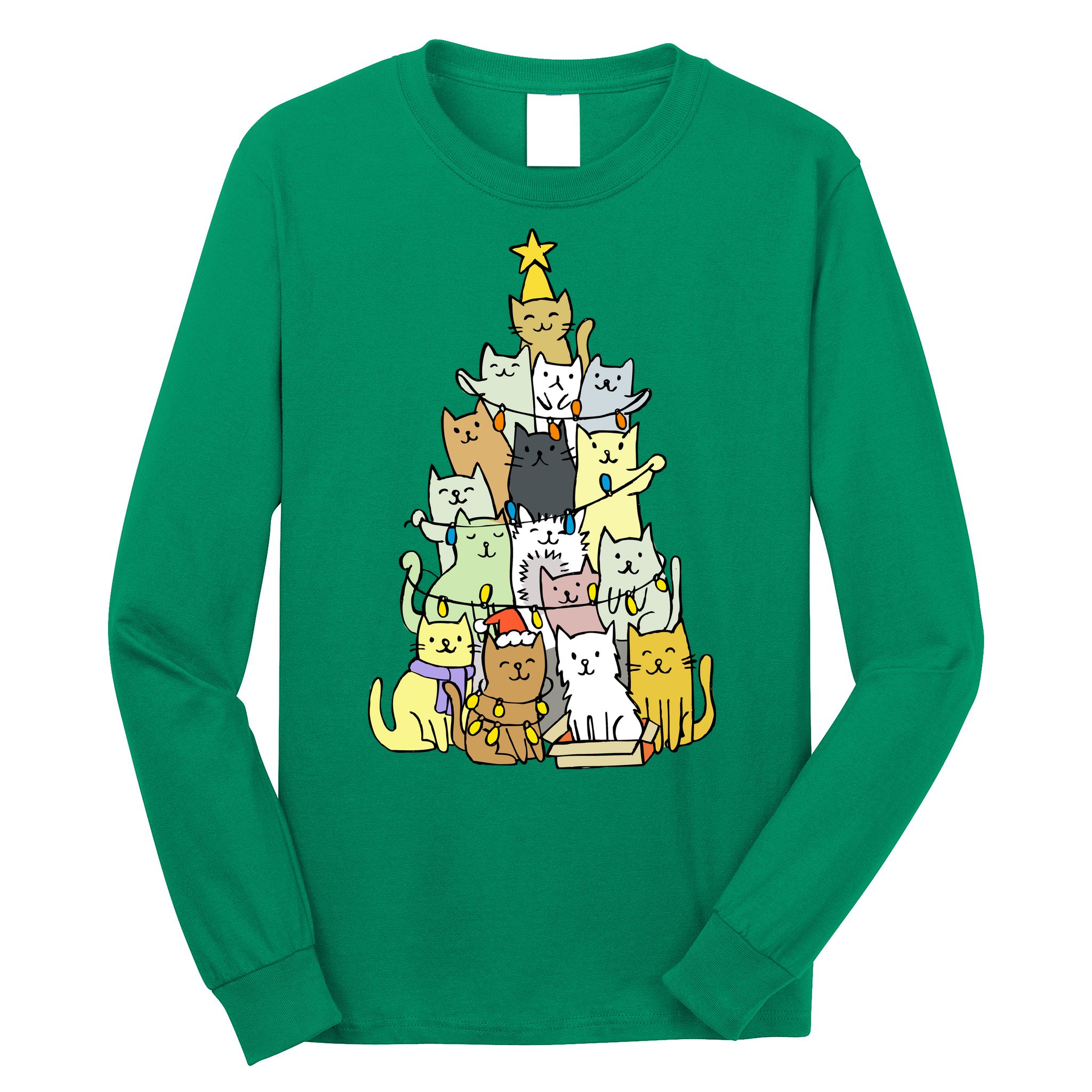 Funny Cat Christmas Tree Long Sleeve Shirt