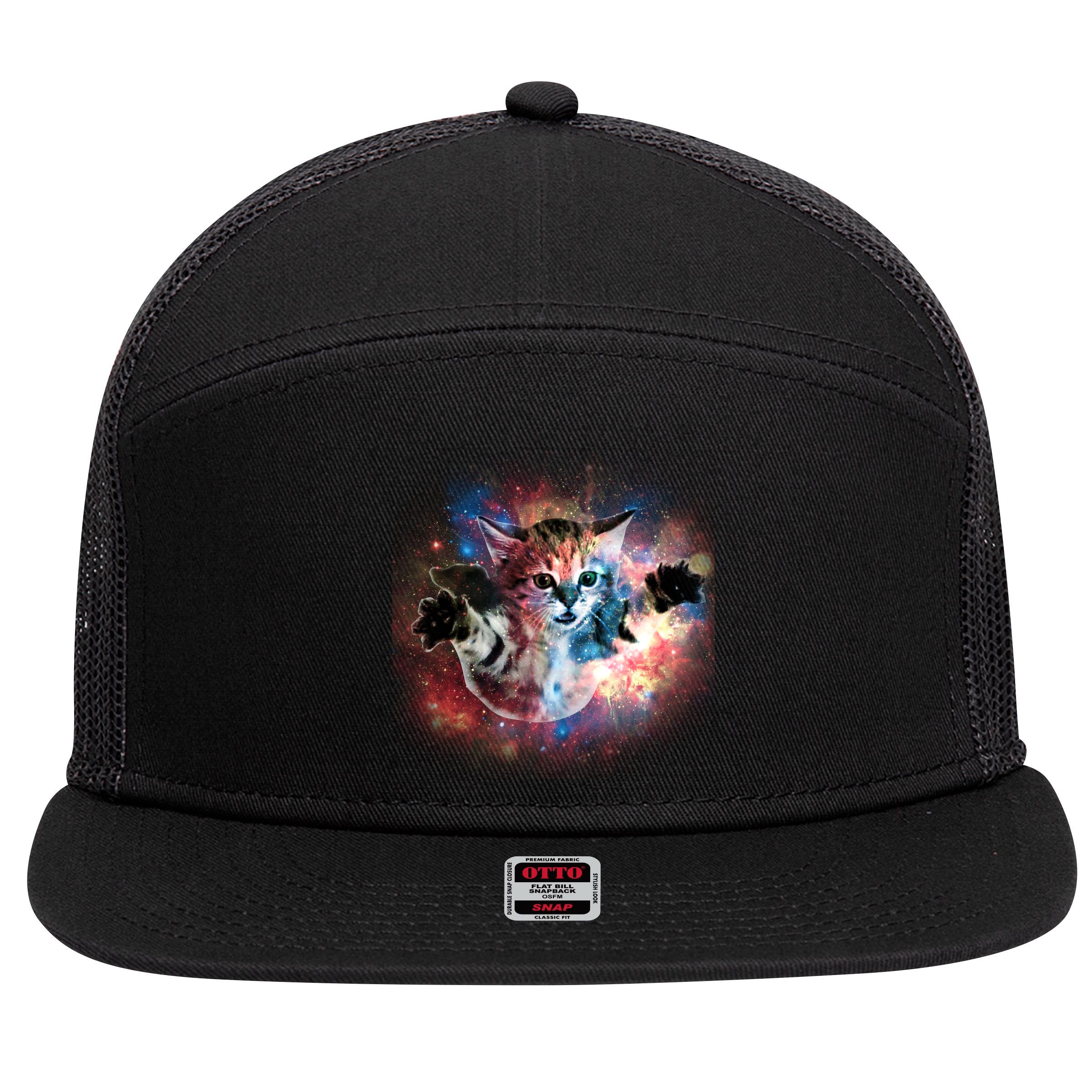 Funny Cat Floating In Space 7 Panel Mesh Trucker Snapback Hat