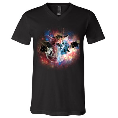 Funny Cat Floating In Space V-Neck T-Shirt
