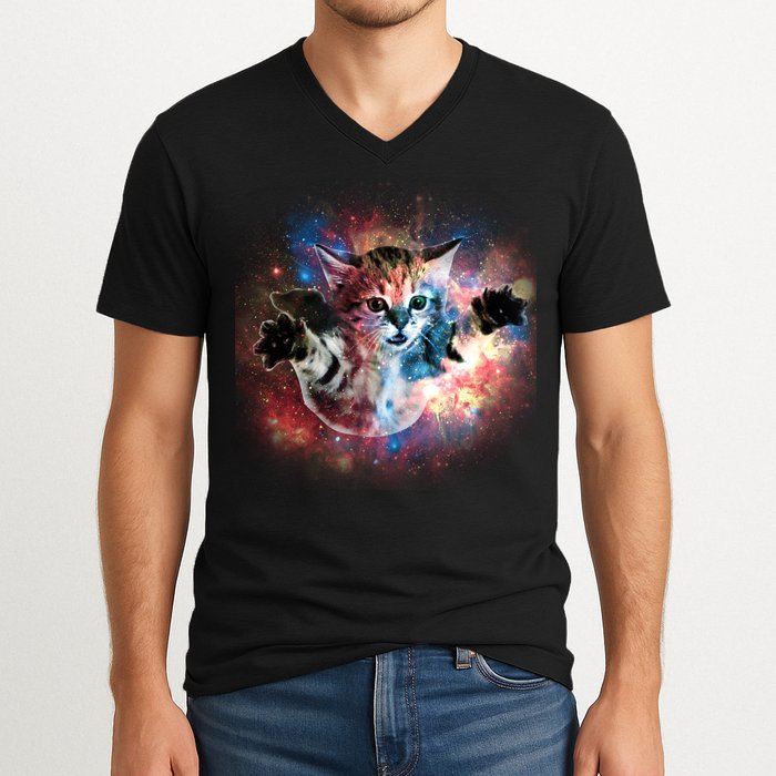 Funny Cat Floating In Space V-Neck T-Shirt